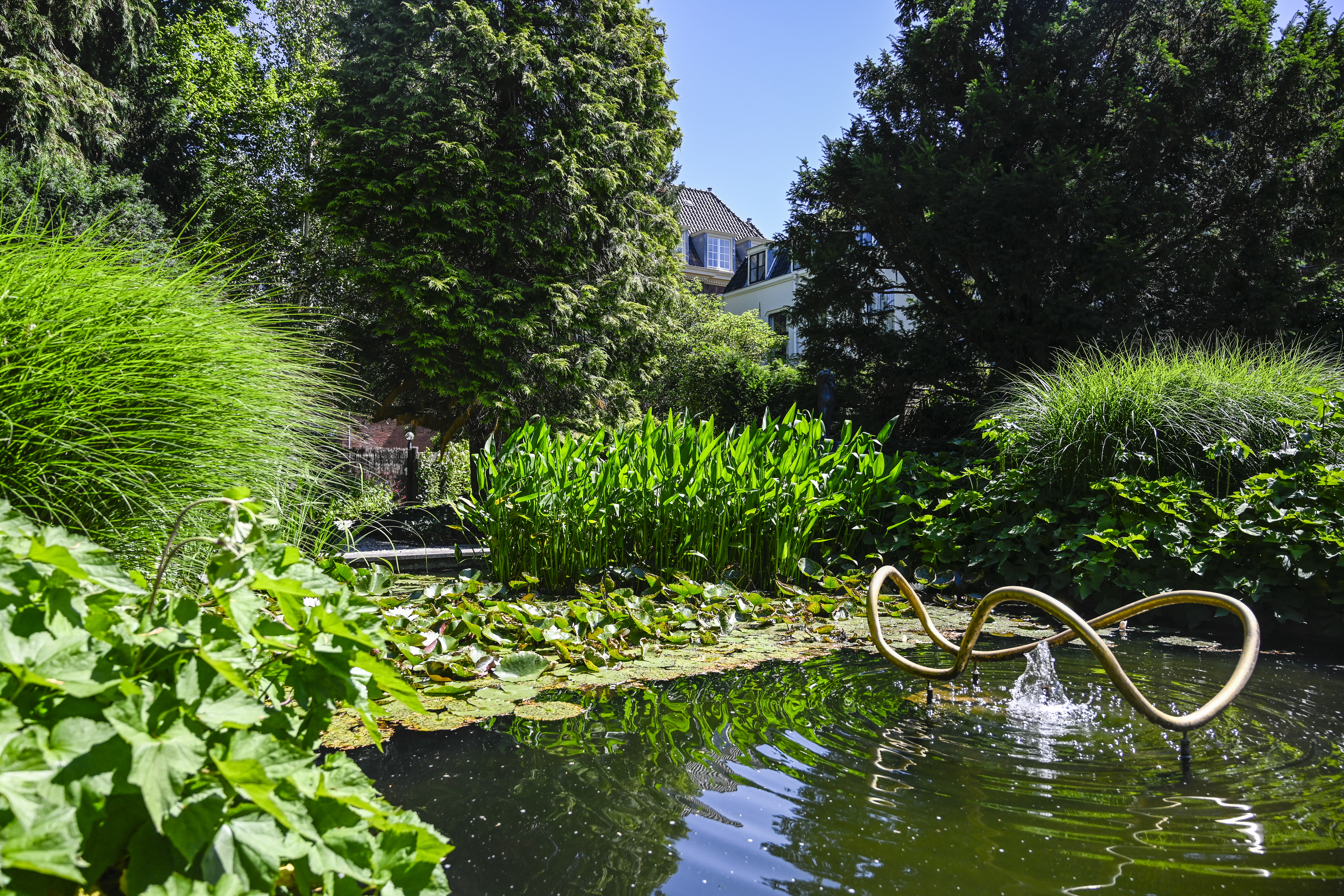 zicht op de vijver in de tuin met Waterbeeld-fontein en planten rondom de vijver